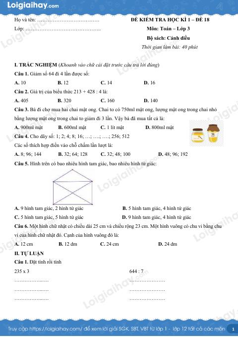 Đề kiểm tra học kì 1 Toán 3 Cánh diều - Đề số 18